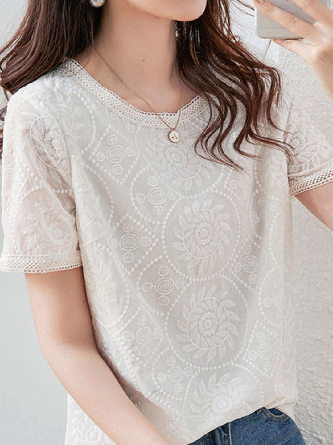 Valeria Elegant Crew Neck Lace Embroidered Chiffon Top
