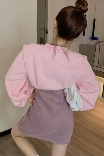 O-Neck Lantern Sleeve Office Mini Dress