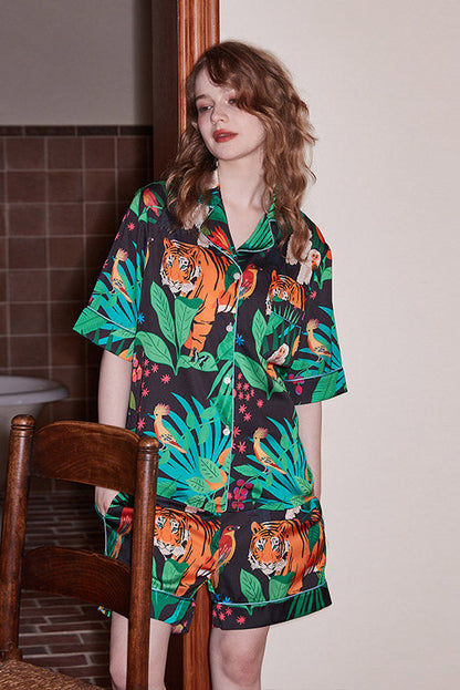 Conjunto de ropa de estar por casa de manga corta con estampado de tigre y mono
