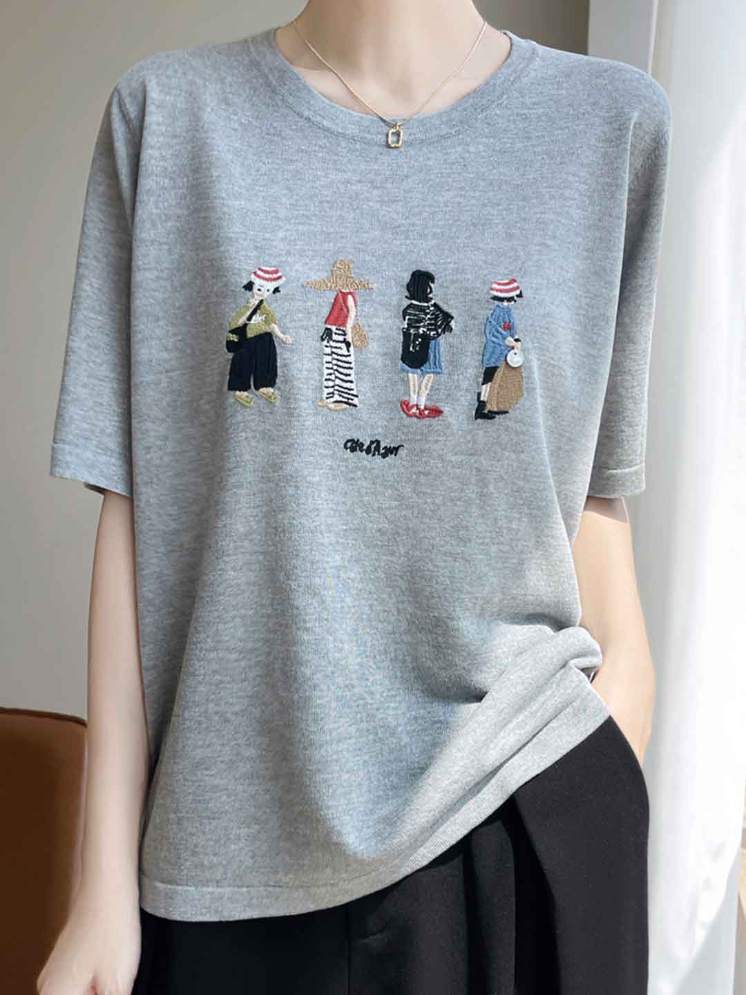 Jocelyn Loose Crew Neck Embroidered Knitted Top