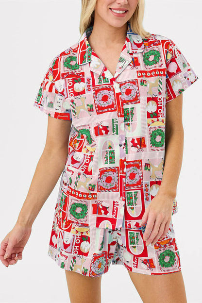 Conjunto de manga corta con estampado navideño y bonito estampado de dibujos animados