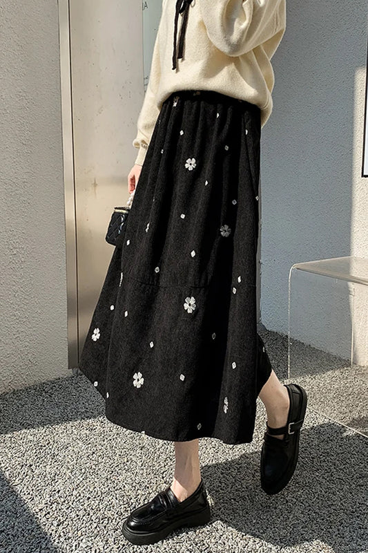 Vintage Flowers Pattern Long Corduroy Skirts