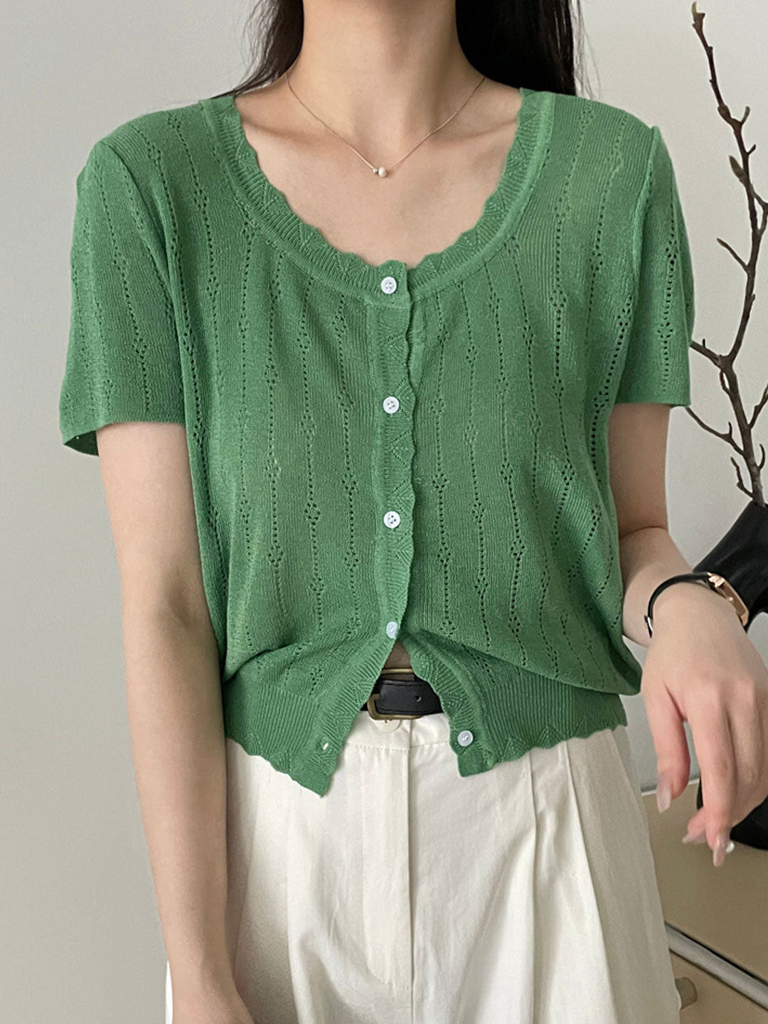 Madison Vacation Crew Neck Hollowed Jacquard Knitted Top