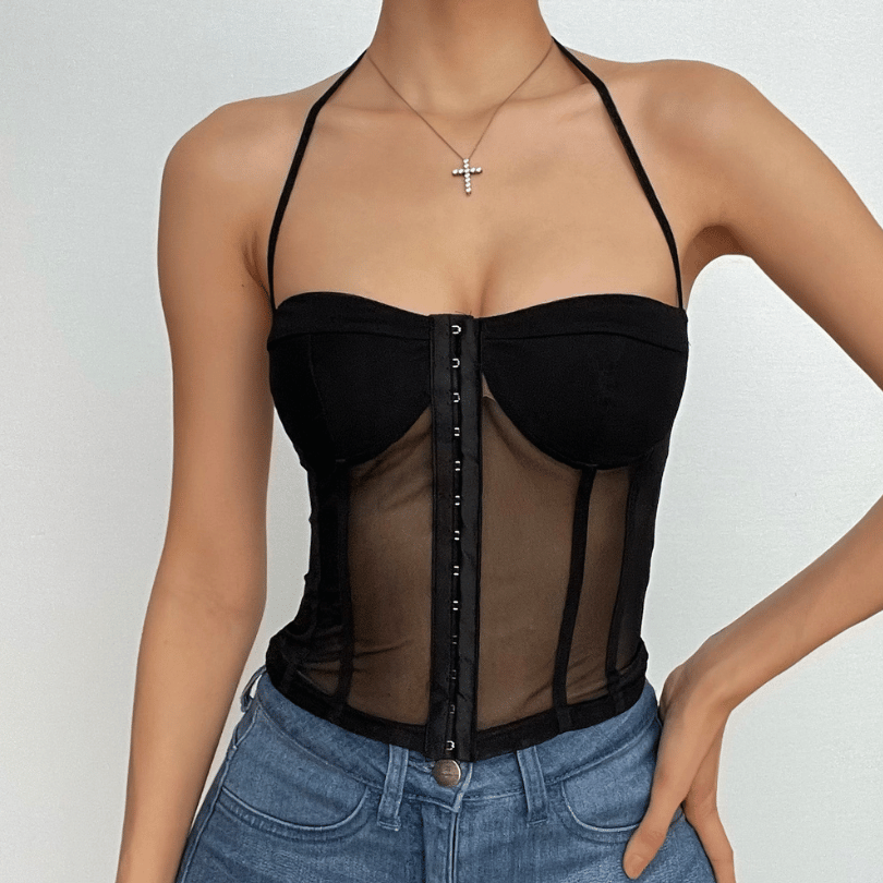 Button mesh backless solid corset halter self tie top  | Festival Outfits Women