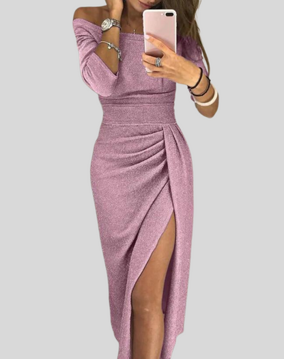 Elegante vestido largo con hombros descubiertos y abertura para mujer | Ideal para primavera/verano
