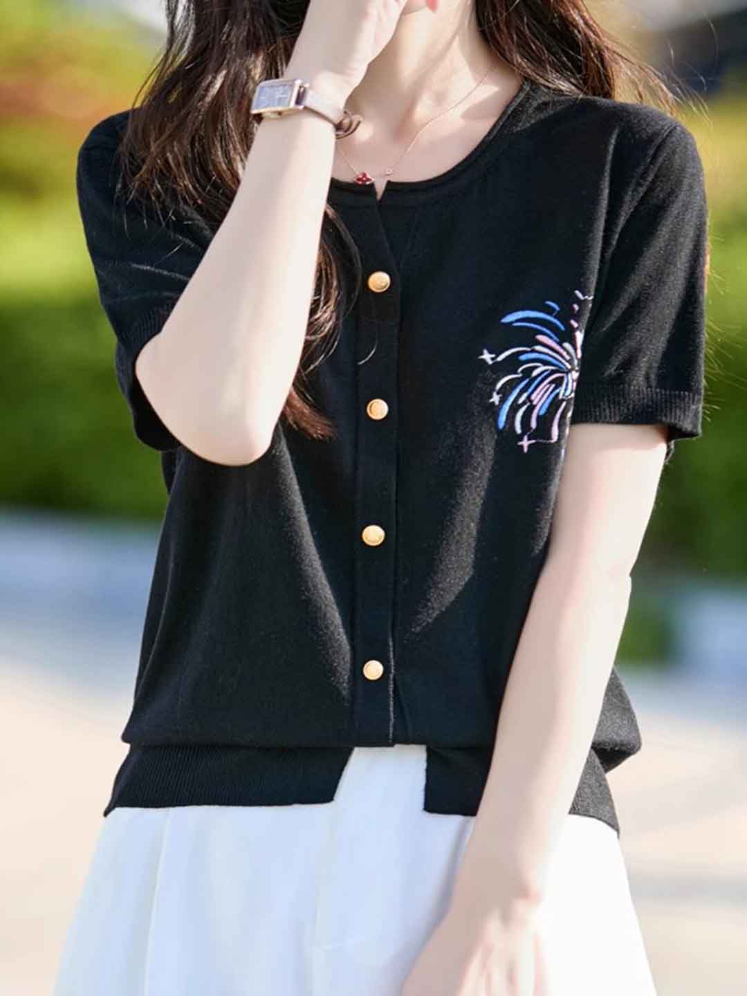 Kylie Loose Crew Neck Embroidered Knitted Cardigan