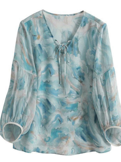 Olivia Loose V-Neck Puff Sleeve Printed Top