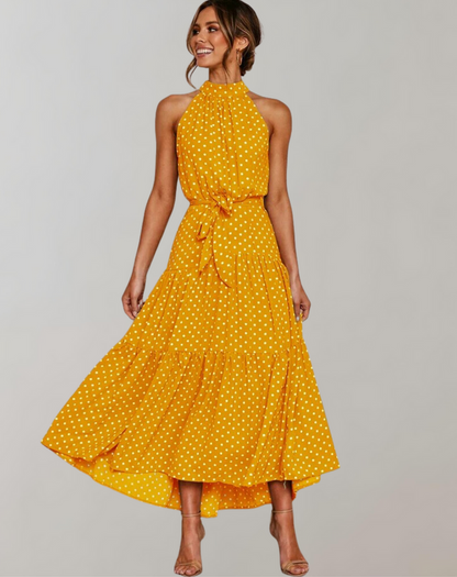 Vestido largo informal con cuello halter y estampado de lunares para mujer | Ideal para primavera/verano