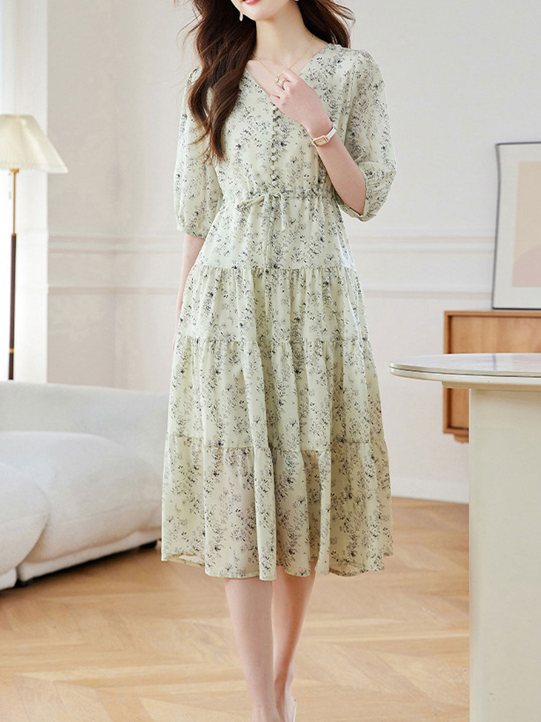 Sophia Elegant V-Neck Floral Chiffon Dress