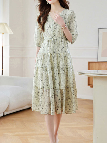 Sophia Elegant V-Neck Floral Chiffon Dress
