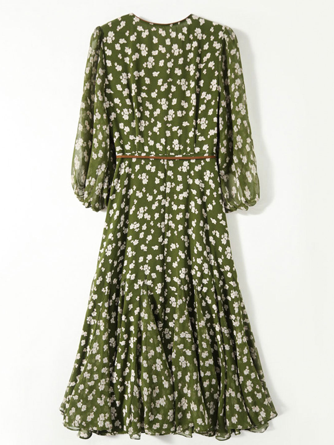 Molly Retro Floral Wrap Waisted Dress-Green Long