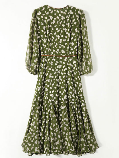 Molly Retro Floral Wrap Waisted Dress-Green Long
