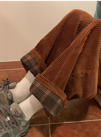 Back Side Plaid High Waist Corduroy Long Pants