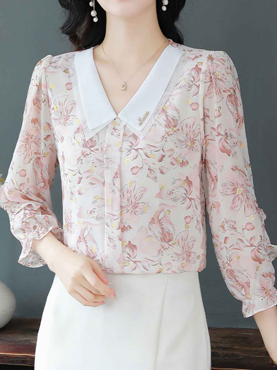 Molly Loose Doll Collar Auricular Floral Chiffon Top