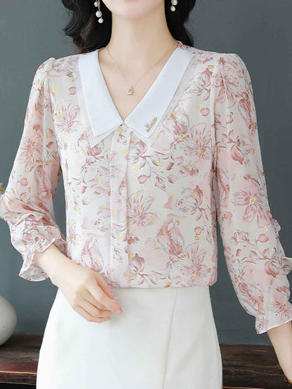 Molly Loose Doll Collar Auricular Floral Chiffon Top
