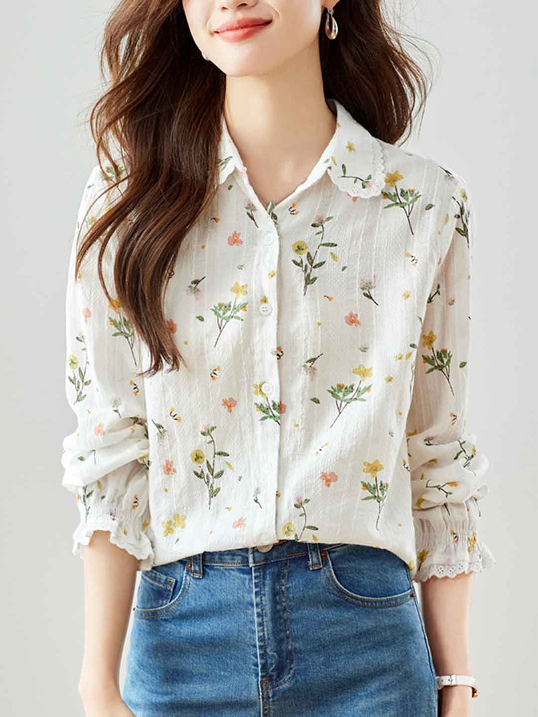 Valeria Classic Lapel Embroidered Floral Shirt