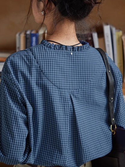 Madison Vintage V-Neck Ruffle Plaid Shirt