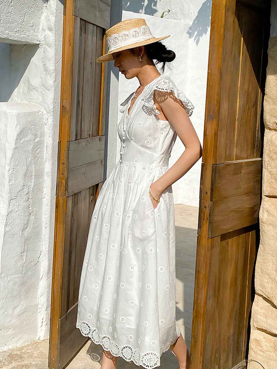 Olivia Vintage V-neck Embroidered A-line Dress