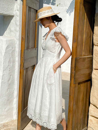 Olivia Vintage V-neck Embroidered A-line Dress