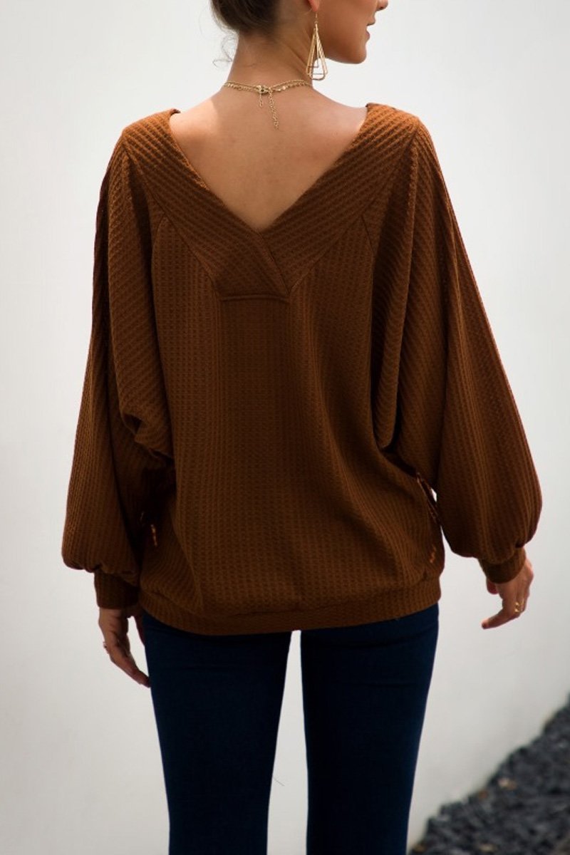Loose Knitting Pocket Pullover Dew-Shoulder Tops(2 Colors)