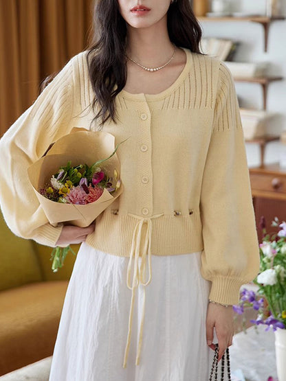 Peyton Retro Crew Neck Beaded Drawstring Knitted Cardigan