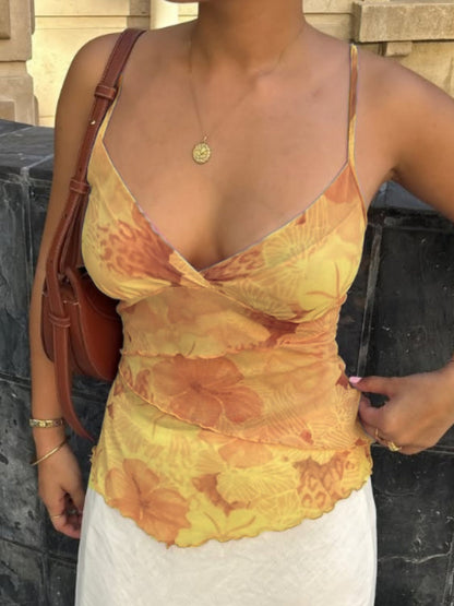 Printed Color Blocking Mesh Splicing Tank Tops&Camis