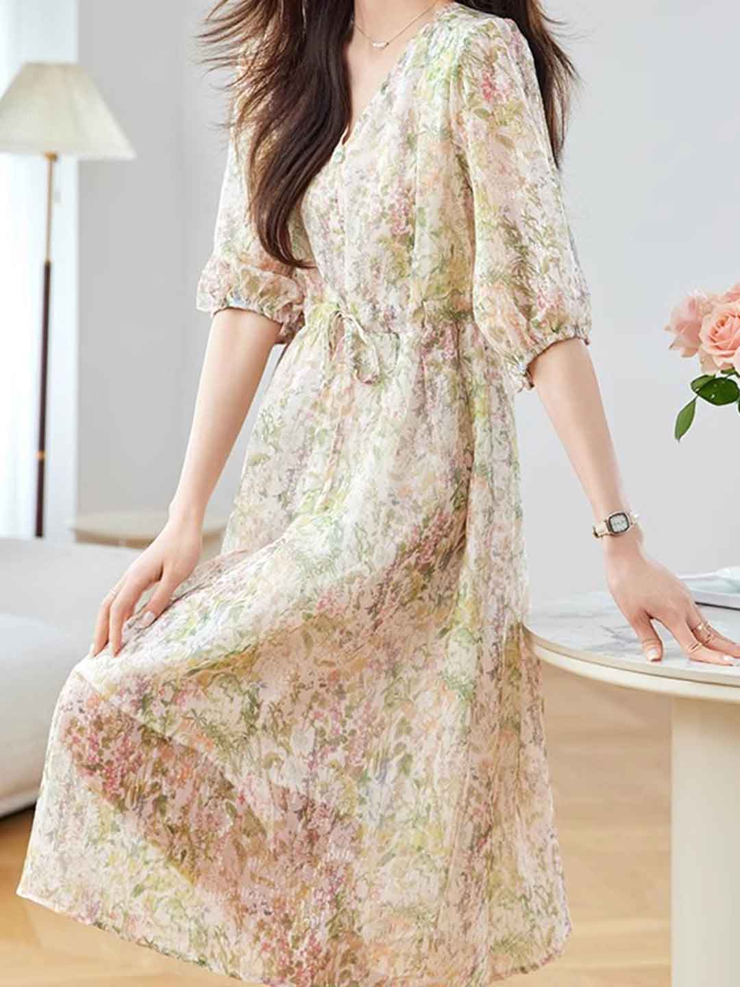 Maria Classic V-neck Lantern Sleeve Chiffon Printed Dress