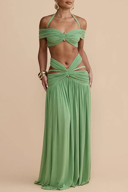 Green Off Shoulder Halter Ruched Two Piece Maxi Skirt Set Sexy Cut Out Resort Dress