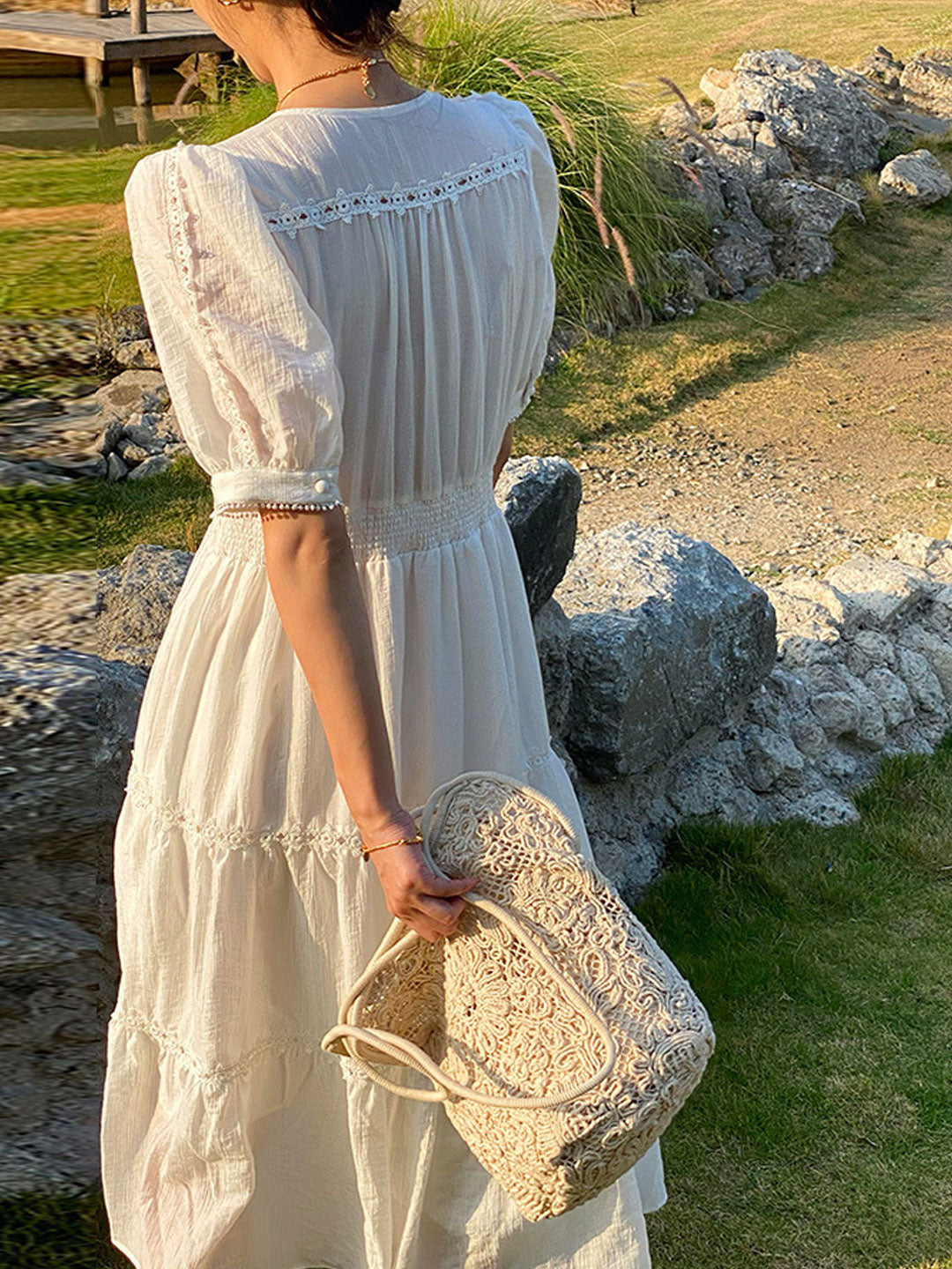 Zoey Elegant V-neck Puff Sleeve Hollowed Dress