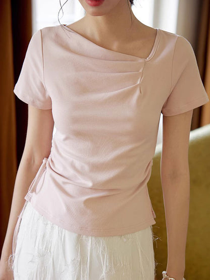 Vanessa Retro Solid Color Slant Collar Drawstring Top