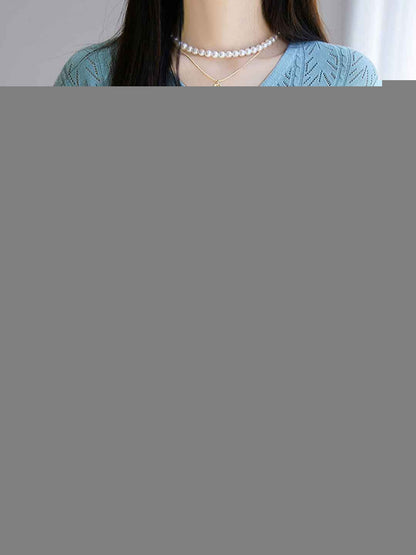 Mariah Elegant V-Neck Solid Color Jacquard Hollowed Cardigan