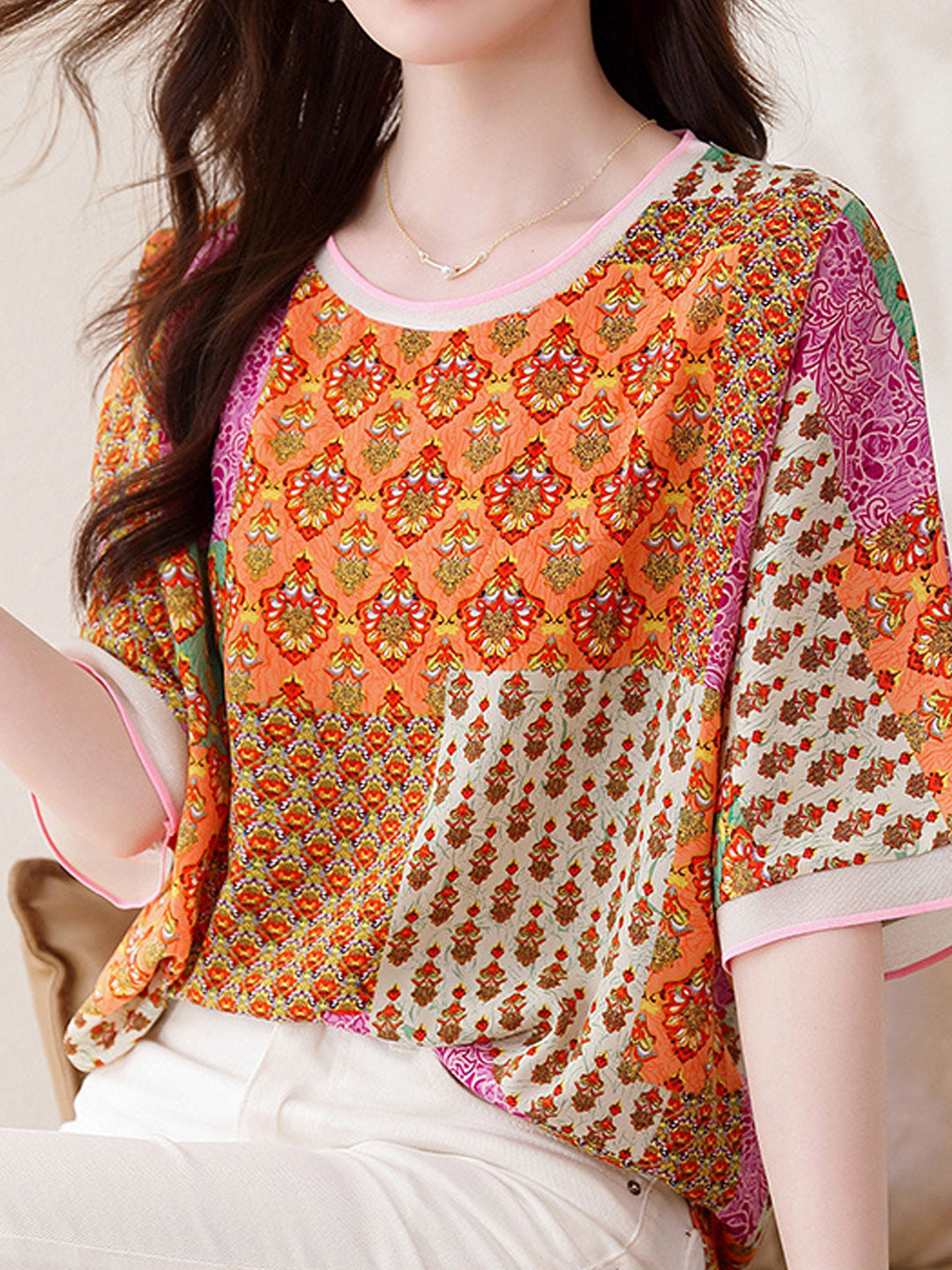 Mia Loose Crew Neck Printed Top