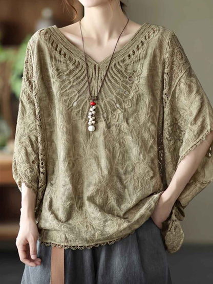Maya Loose V-Neck Hollowed Crochet Top