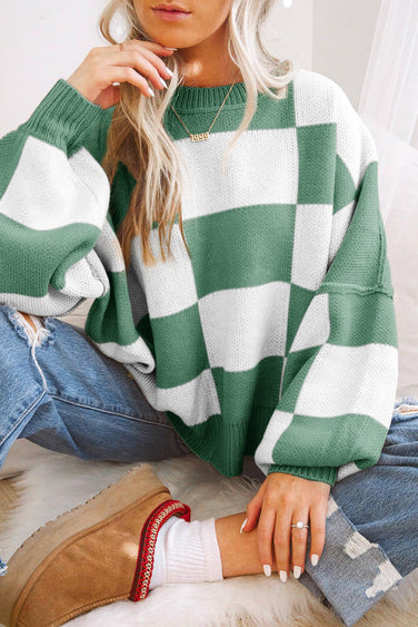 Jersey de punto oversize con cuello redondo y cuadros para mujer | Ideal para otoño/invierno