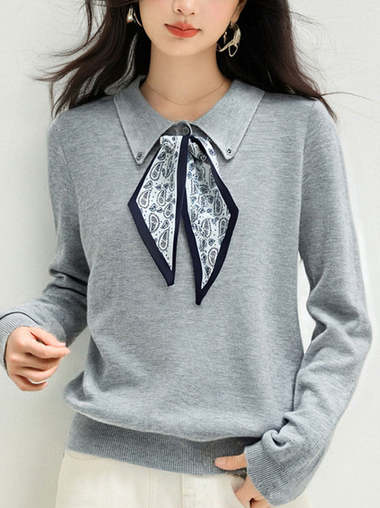 Natalie Loose Lapel Bow Tie Knitted Top