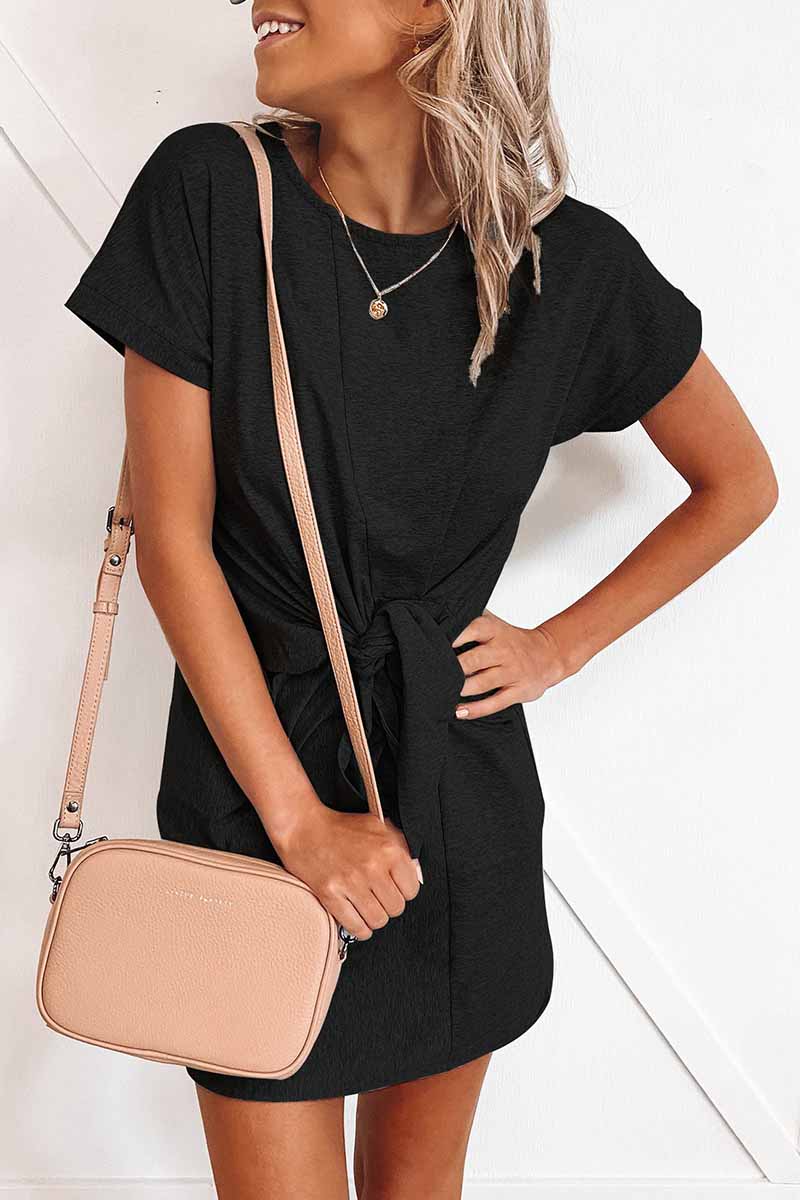 Loose Tie Solid Color Short Sleeves Mini Dress(6 Colors)