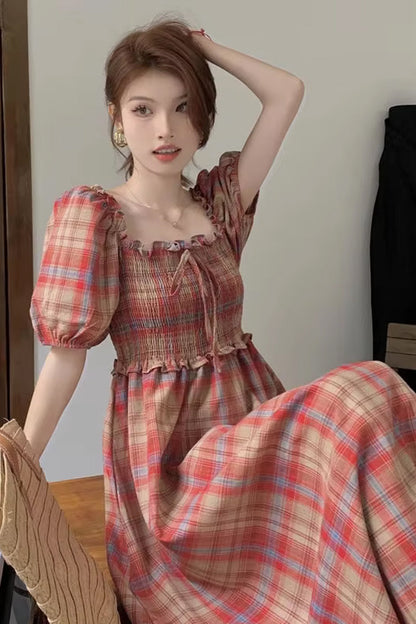 Retro Plaid Square Collar Puff Sleeve Long Dress