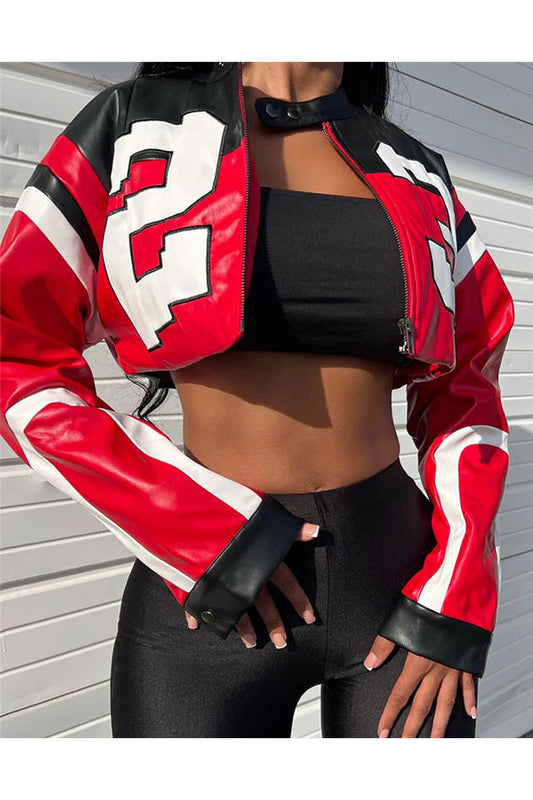Chaqueta de motociclista de piel sintética bordada