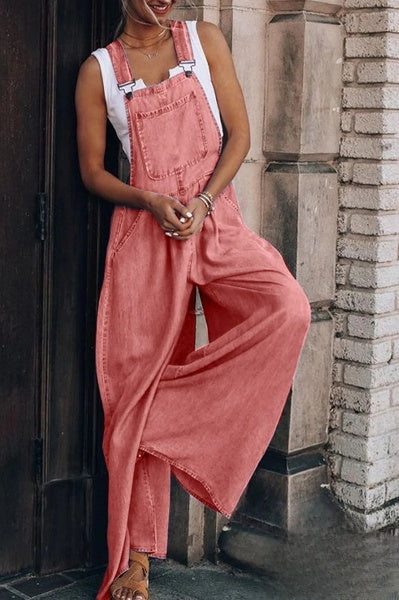 Women's Casual Denim Sleeveless Jumpsuit with Wide-Leg and Pockets | Great for Casual Days