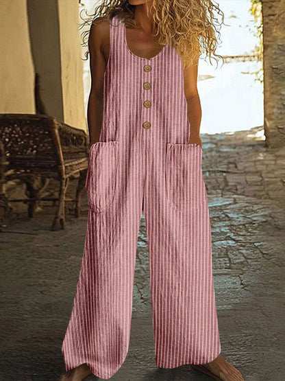 Button-up Pocket Loose Casual Striped Cotton Linen Overalls