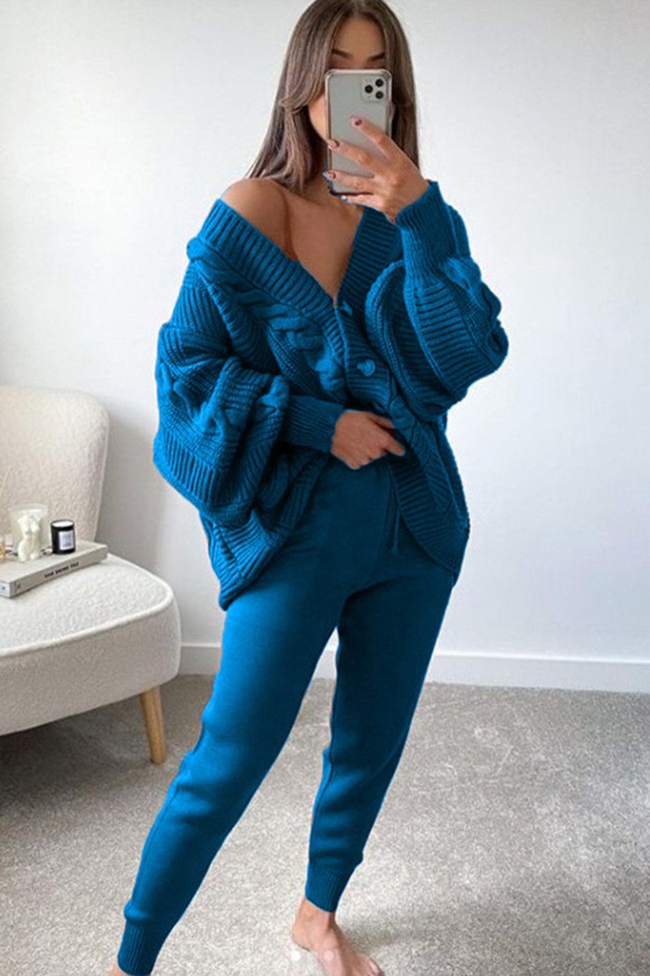 Cable Knit Cardigan Pencil Pants Set