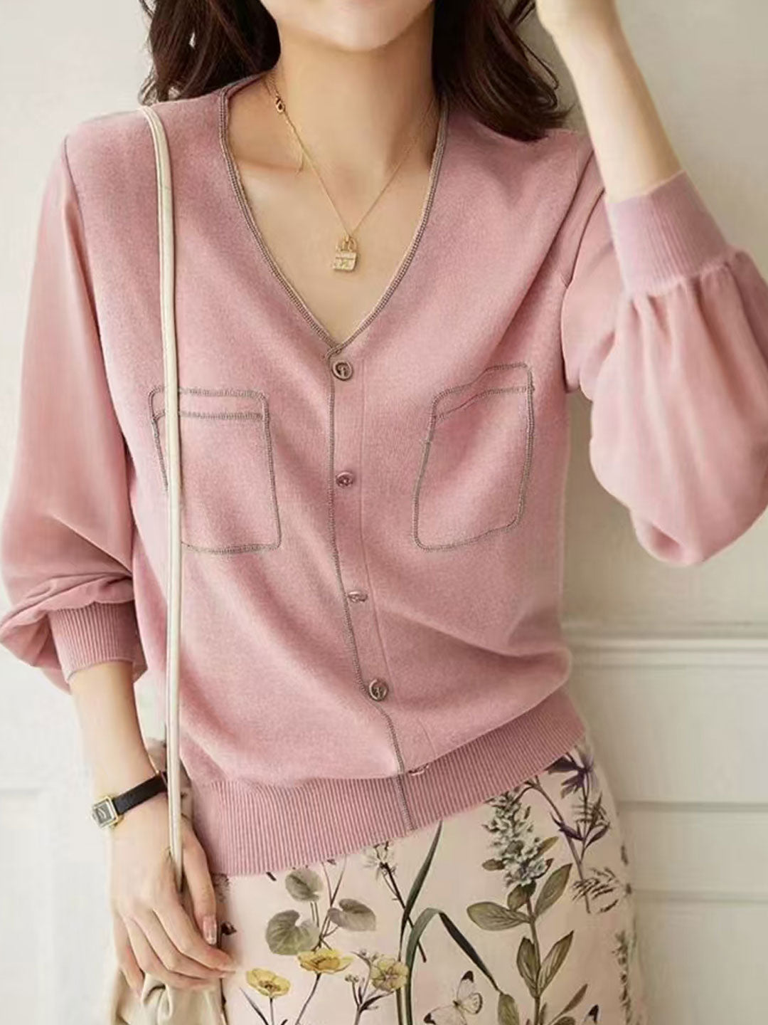 Olivia Loose V-Neck Lantern Sleeve Knitted Top