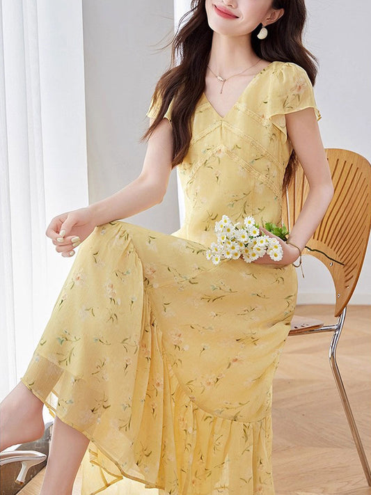Rachel Vacation V-neck Chiffon Floral Dress
