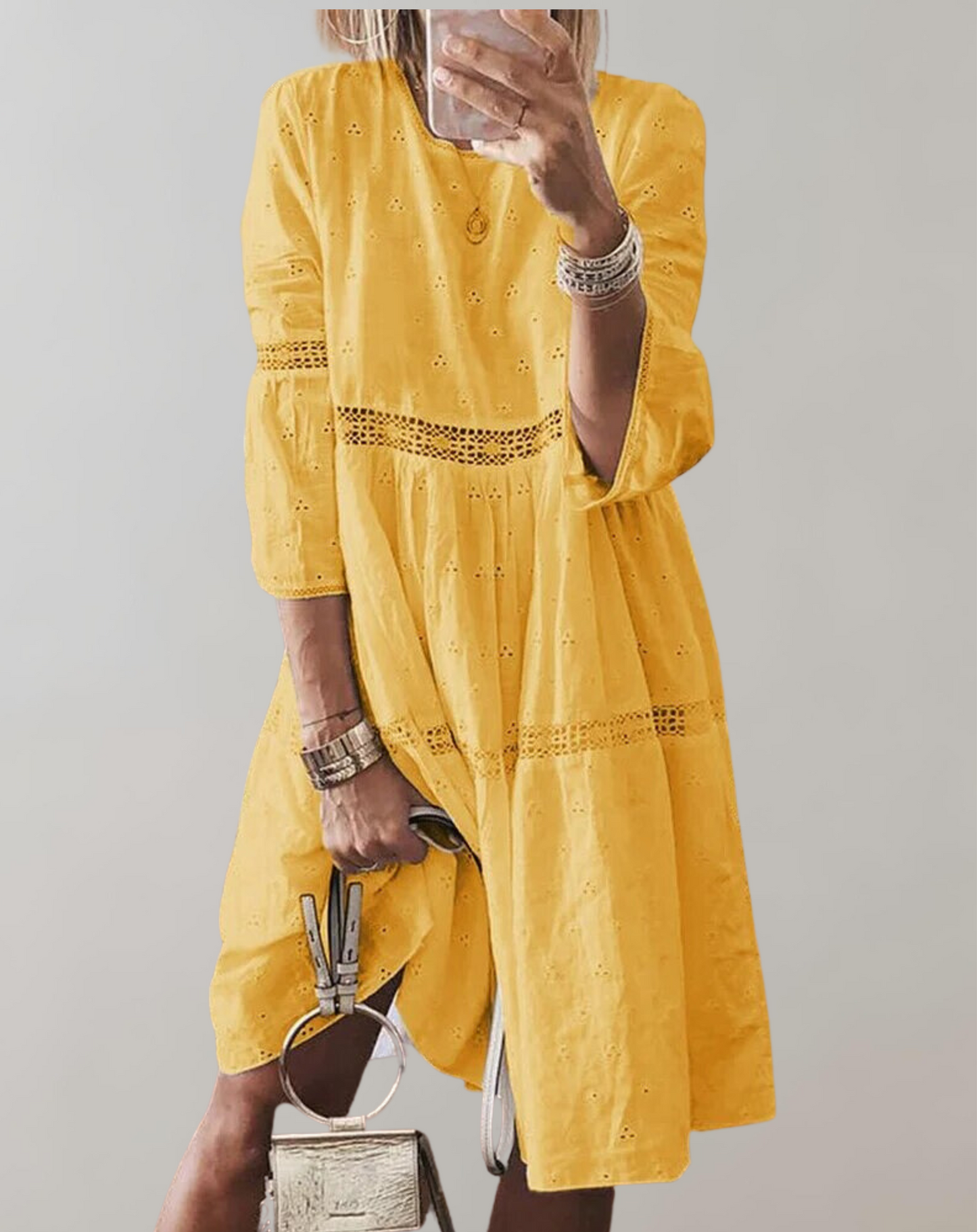 Vestido clásico midi de cuello redondo con ojales para mujer | Ideal para primavera/verano