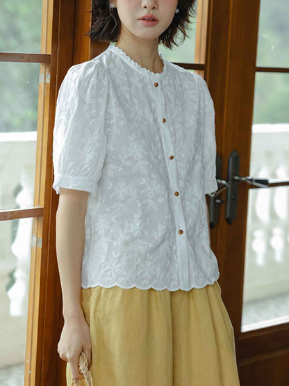 Mya Vacation Crew Neck Lace Trim Embroidered Top