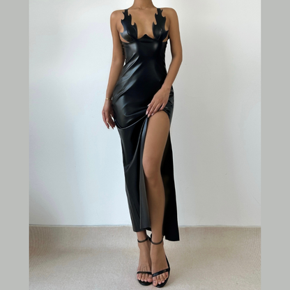 PU leather slit backless maxi dress  | Festival Outfits Women