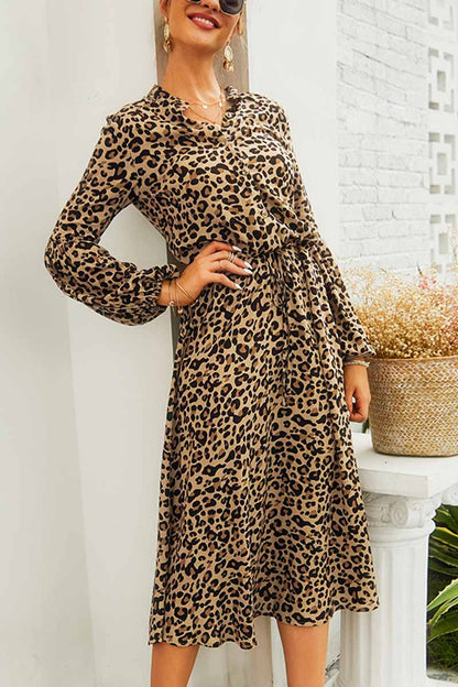 Leopard Print V-neck Elegant Midi Dress