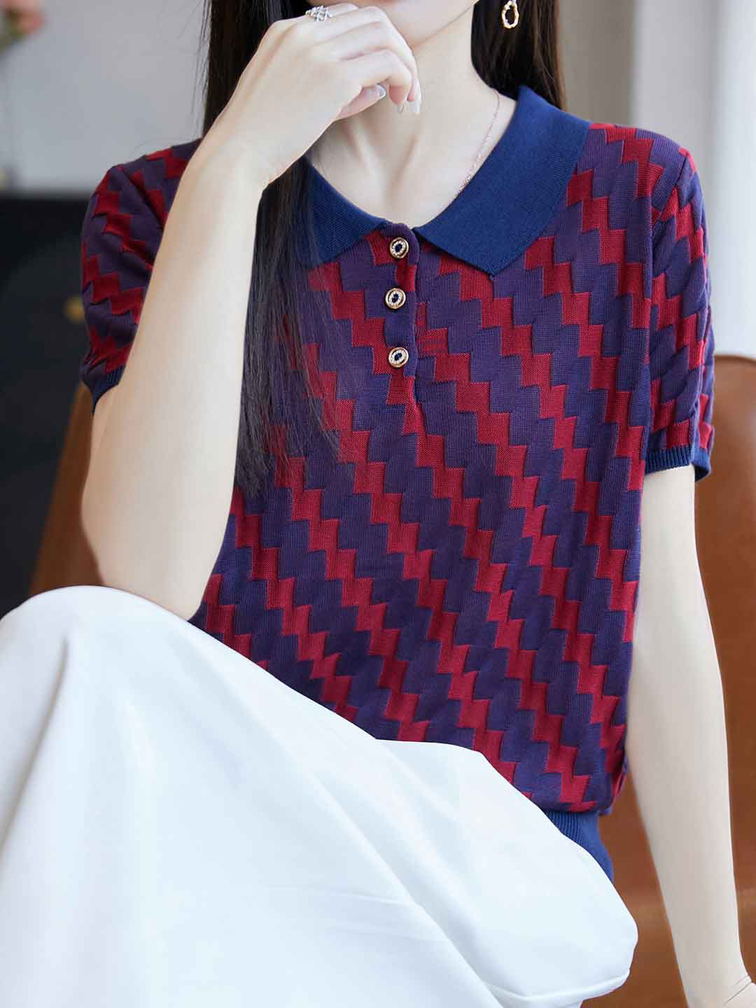 Maria Loose Lapel Jacquard Color-Block Knitted Top