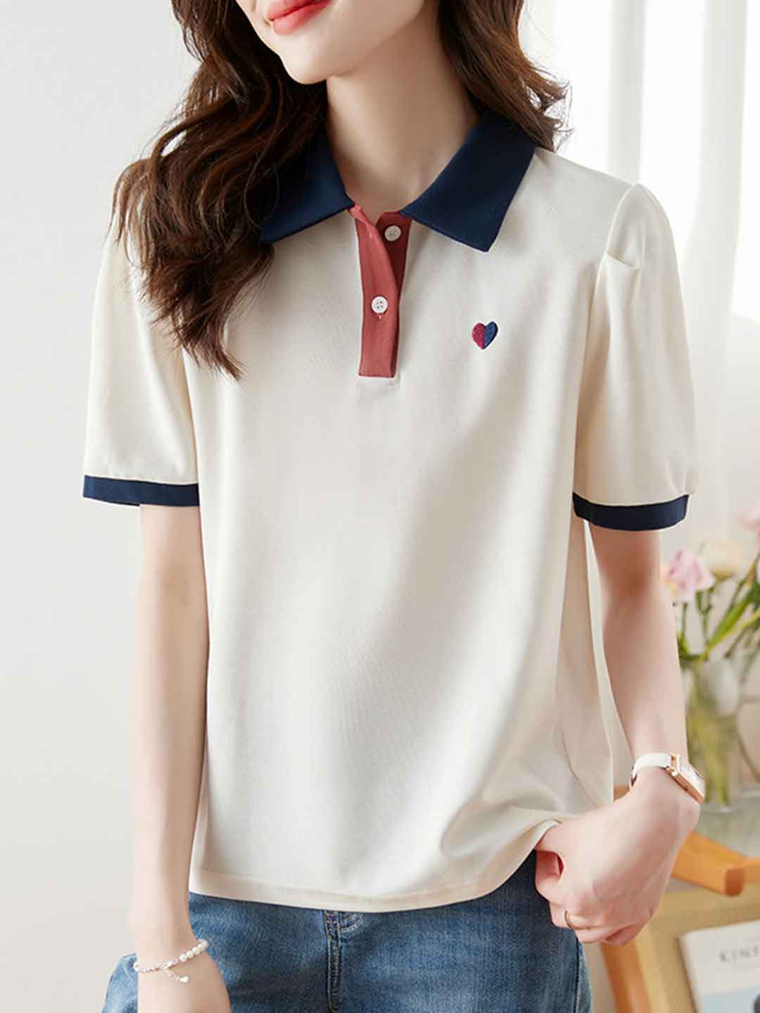 Morgan Casual Polo Collar Solid Color Top