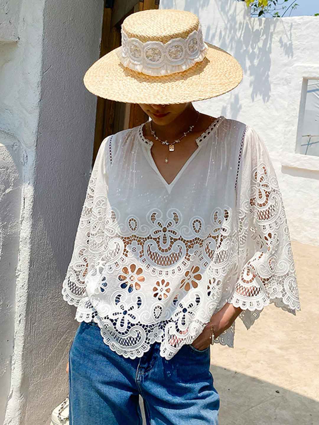Morgan Vacation V-Neck Flare Sleeve Embroidered Lace Top